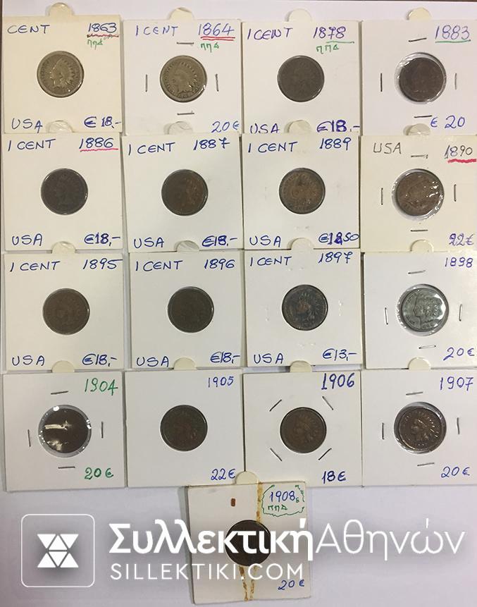 USA Collection of 17 Different Cents Indian Head 1863-1908 F to XF